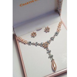 Charter Club Pale Pink Faux Pearls w/Ice Crystals Necklace & Earrings Set In Box